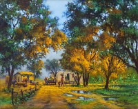 Hanif Shahzad, Village Evening, 27 x 36 Inch, Oil on Canvas, Cityscape Painting, AC-HNS-077